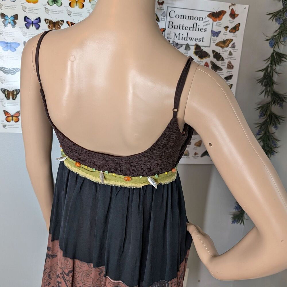 Vintage y2k Sue Wong Dress Silk Tribal Earth Fairycore Feather Beaded Size 4 - Picture 5 of 14